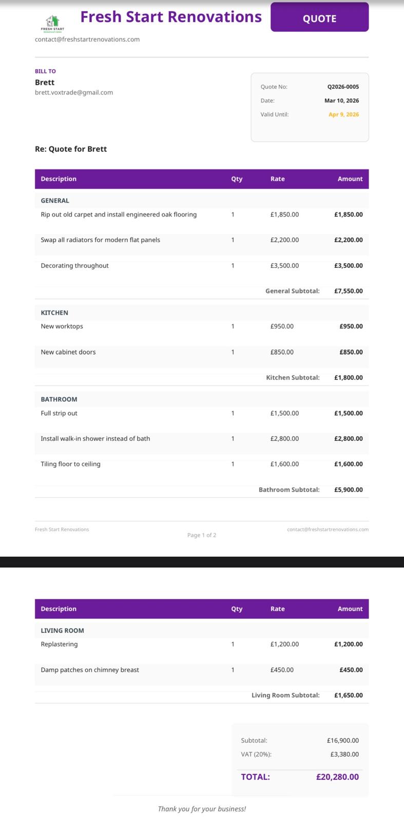 Example of an itemised renovation quote produced in VoxTrade